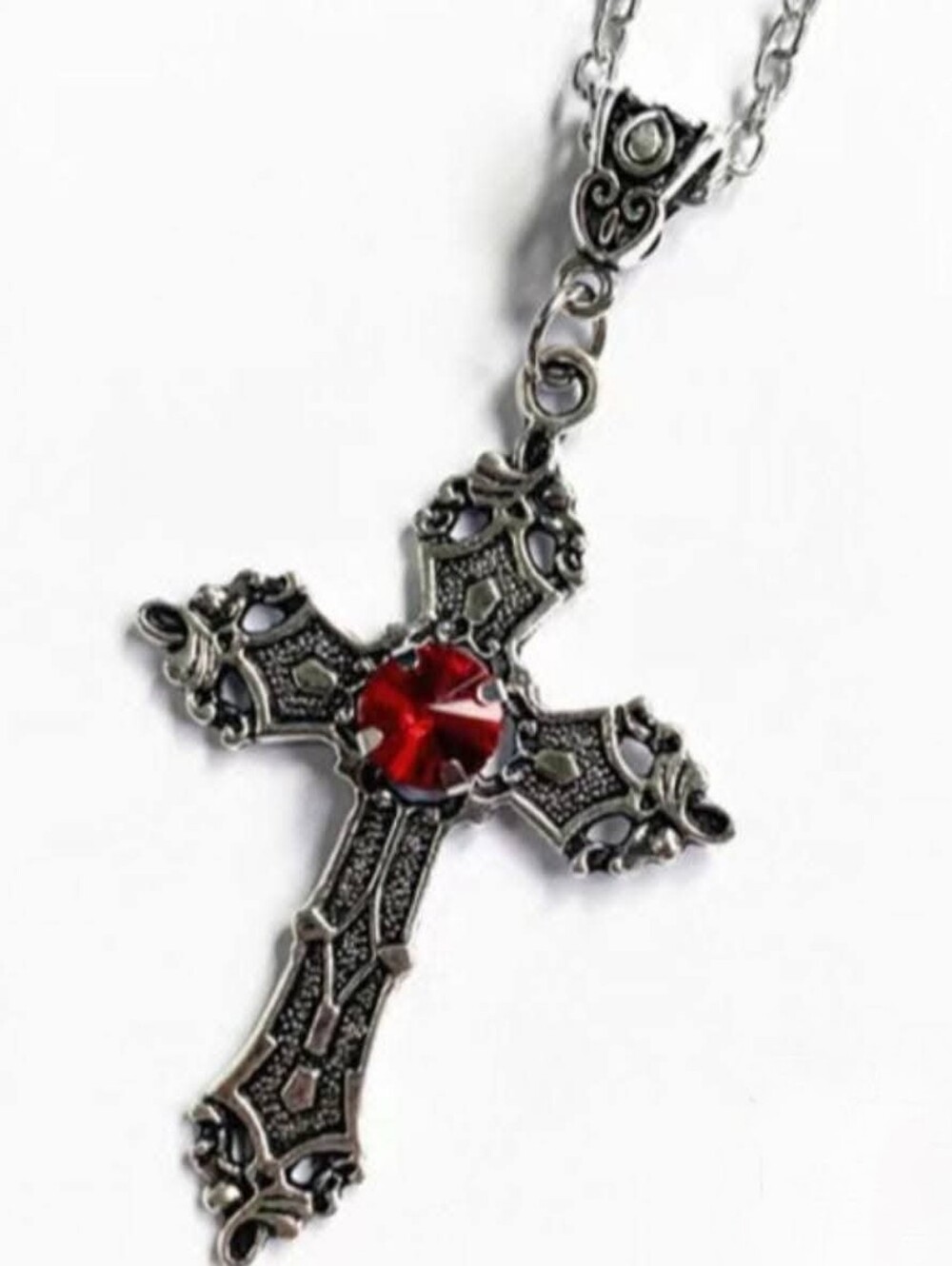 Vintage Inspired Silver Metal Cross Necklace Red Ruby Like Center Gem New Goth
